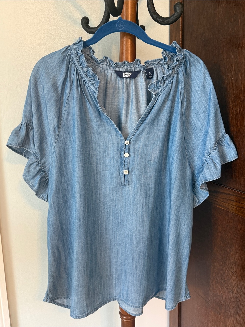 Lands' End Light Blue Chambray Ruffle Sleeve Henley